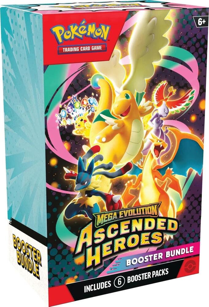 Sealed Pokémon TCG Mega Evolution—Ascended Heroes booster bundle with colorful booster packs featuring Pokémon trading cards.