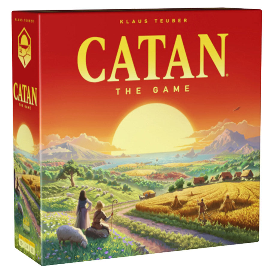 Catan 6th Edition board game by Catan Studio with colorful game pieces, cards, and hexagonal game board layout.
