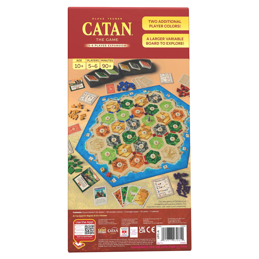 Catan 5-6 Player Expansion 6th Edition game by Catan Studio showing game box and expansion pieces for the popular strategy board game.