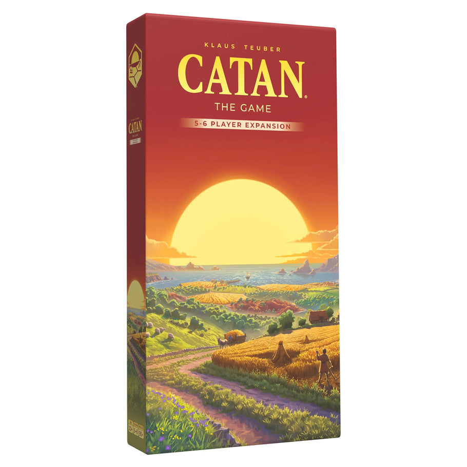 Catan 5-6 Player Expansion 6th Edition game by Catan Studio showing game components and colorful board setup.