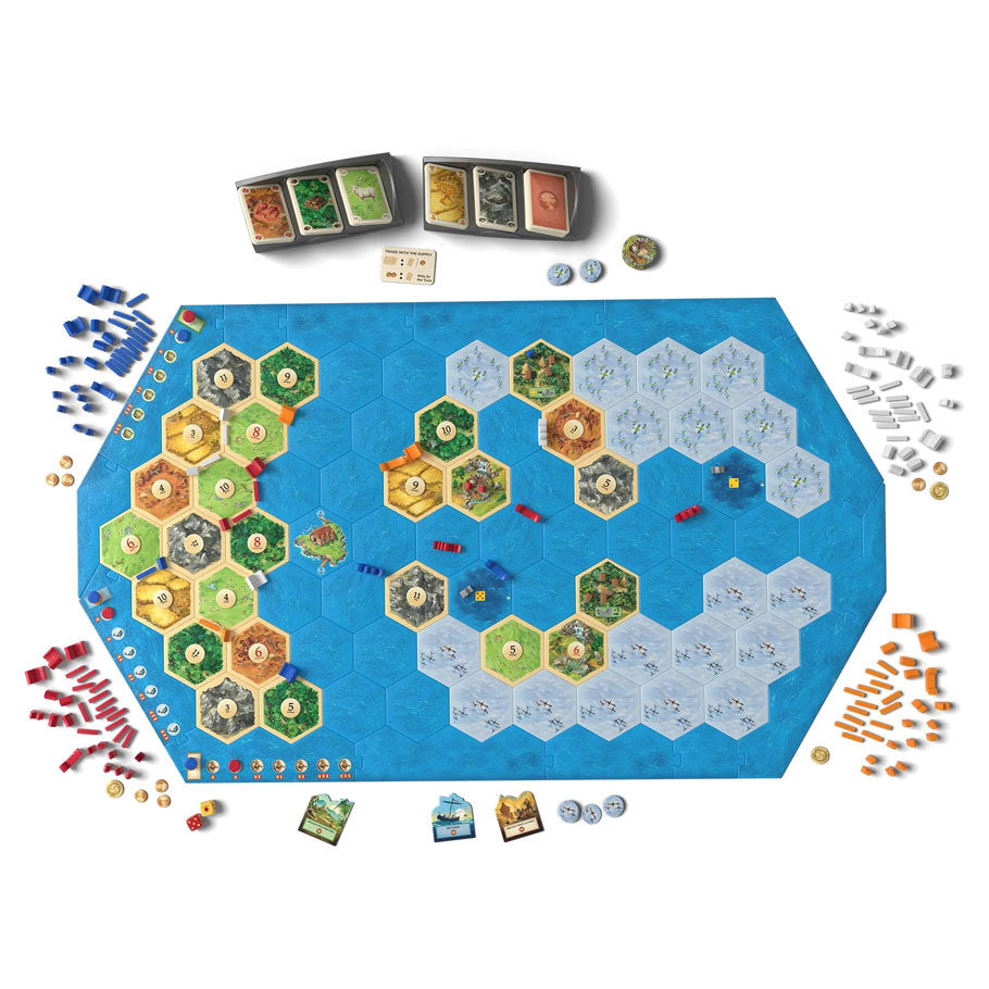 Catan: Explorers & Pirates expansion game box by Catan Studio showcasing colorful artwork and game components for 6th edition.