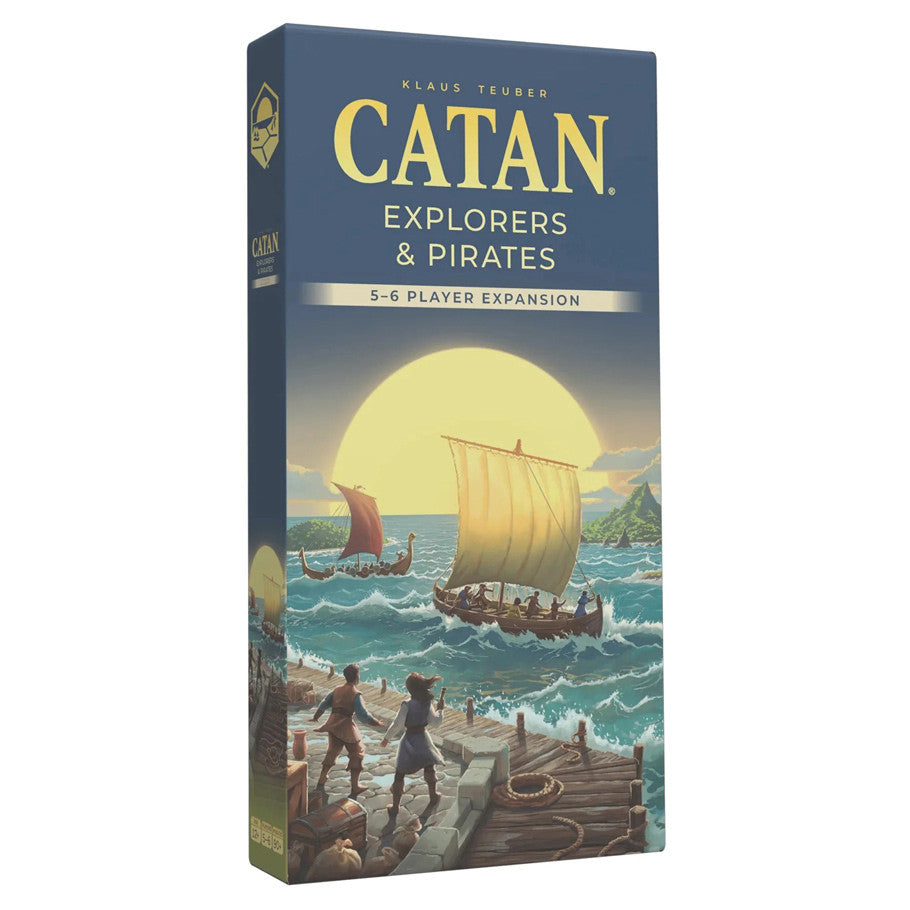Catan: Explorers & Pirates 5-6 Player Expansion game box by Catan Studio, featuring colorful artwork and game components.