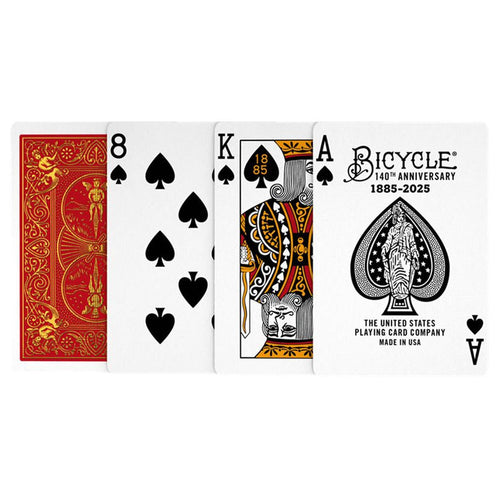 Standard deck of 140th Anniversary playing cards by The United States Playing Card Company, featuring festive anniversary design.