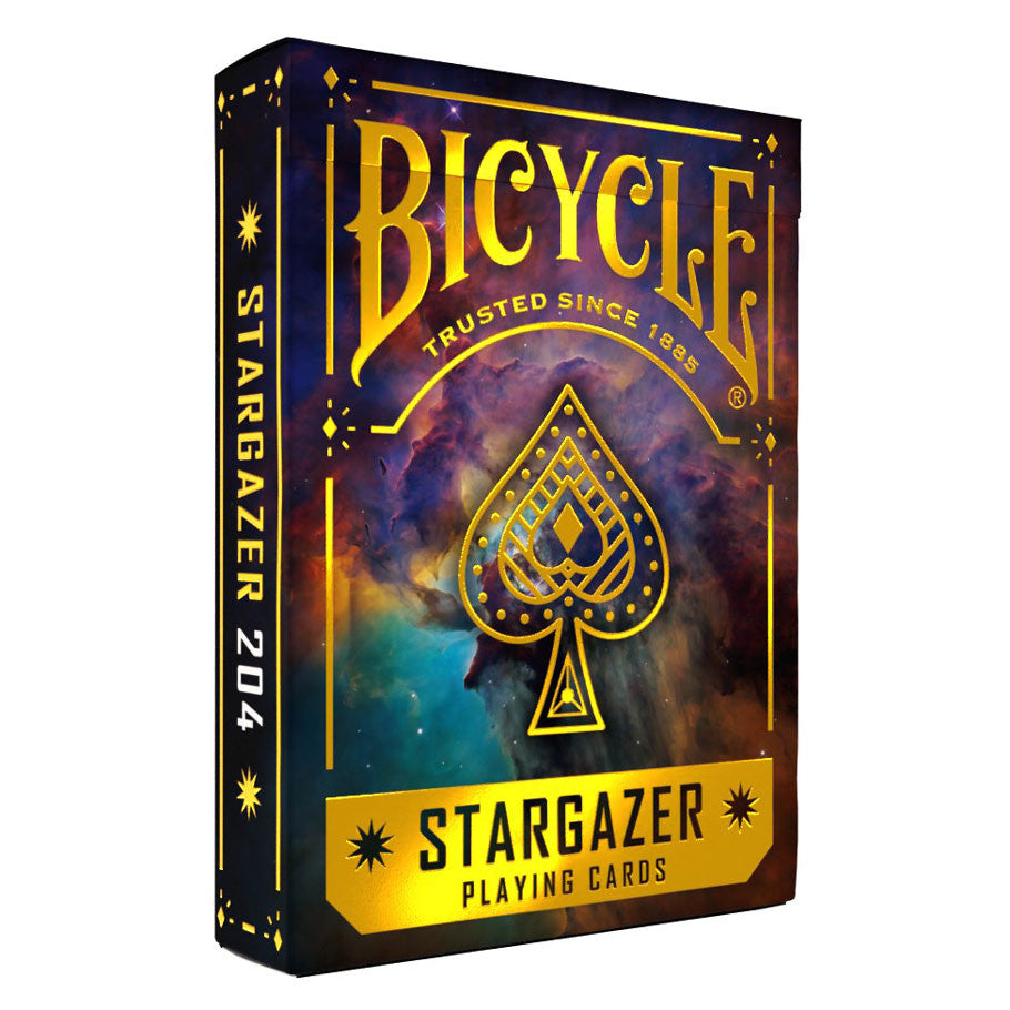 A deck of Bicycle Stargazer 204 standard playing cards with colorful celestial-themed card backs, arranged on a white background.
