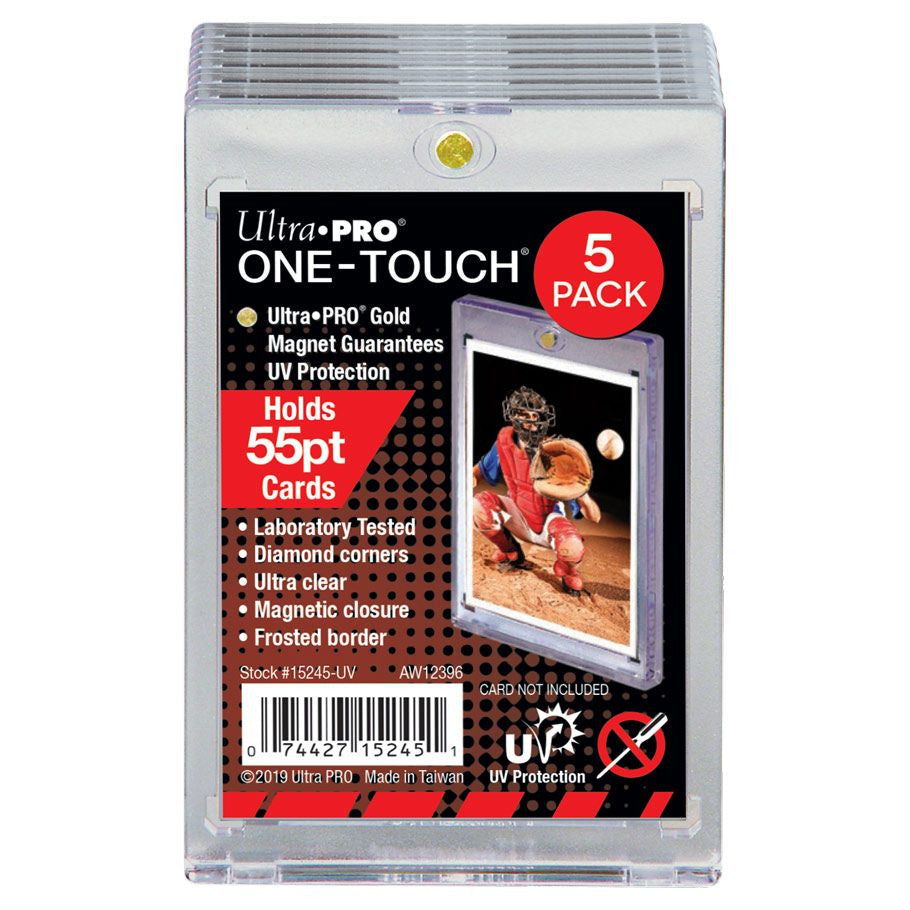 Ultra Pro One-Touch magnetic trading card holder with UV protection, 55pt thickness, shown with card securely inside.