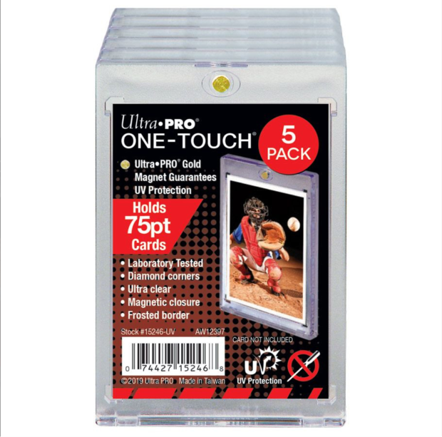 Set of five Ultra Pro 75pt One Touch magnetic trading card holders, plastic sleeves for securely storing collectible cards.