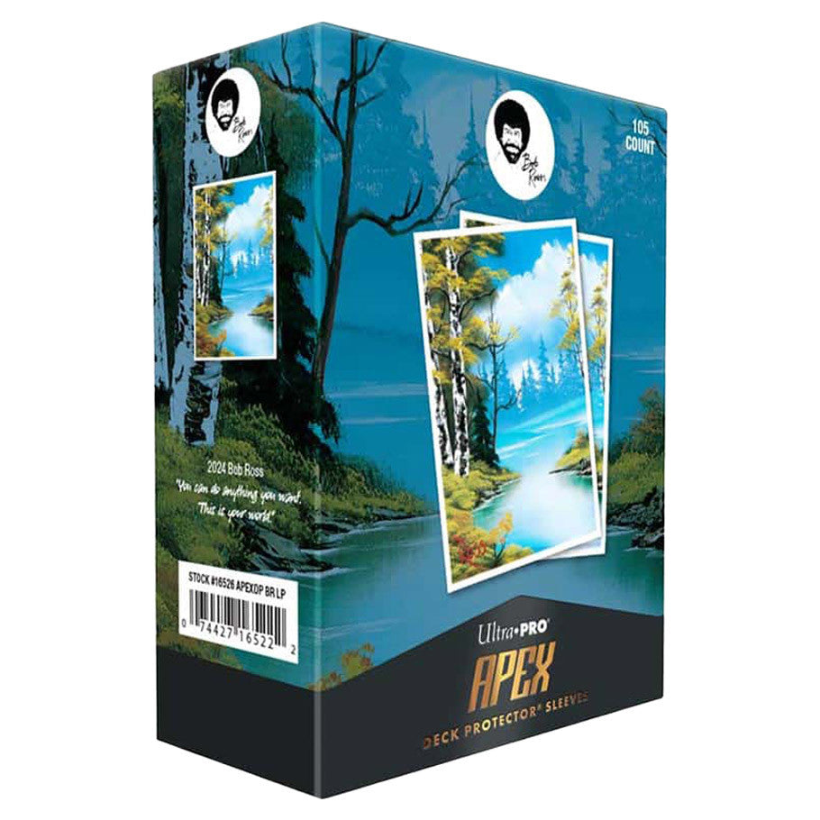 Ultra Pro Bob Ross Lakeside Path APEX trading card sleeves, 105-piece deck protectors with scenic lakeside artwork.