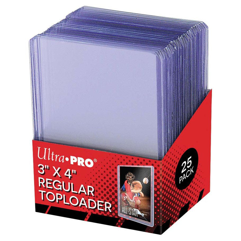Set of 25 Ultra Pro 3x4 clear toploader trading card game accessories, designed for protecting standard-sized collectible cards.