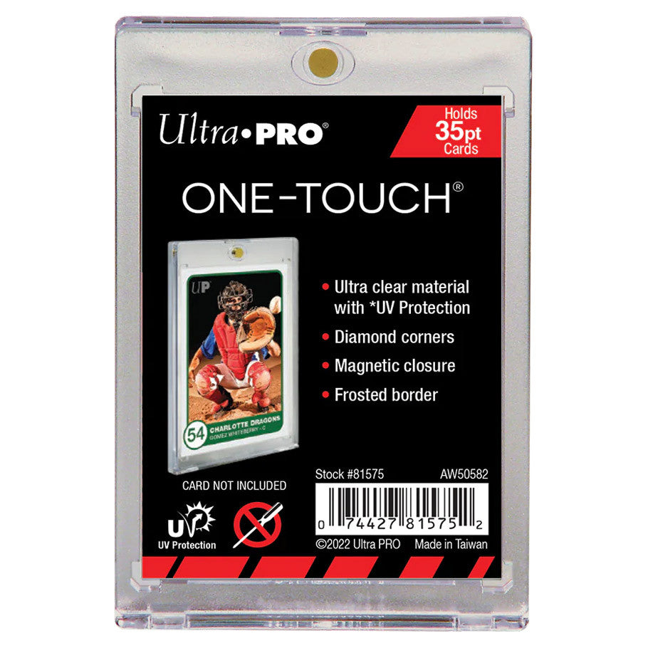 Ultra Pro One-Touch X magnetic holder for trading cards, UV 35pt, showcasing secure magnetic closure and clear viewing window.