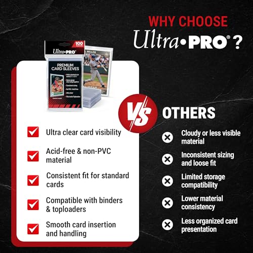 Ultra Pro premium clear trading card sleeves for baseball, football, and collectible cards, standard size, 100-count pack.