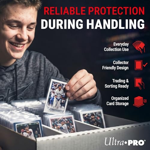 Ultra Pro premium clear trading card sleeves, 100-count for baseball, football, and collectible cards, standard size protection.