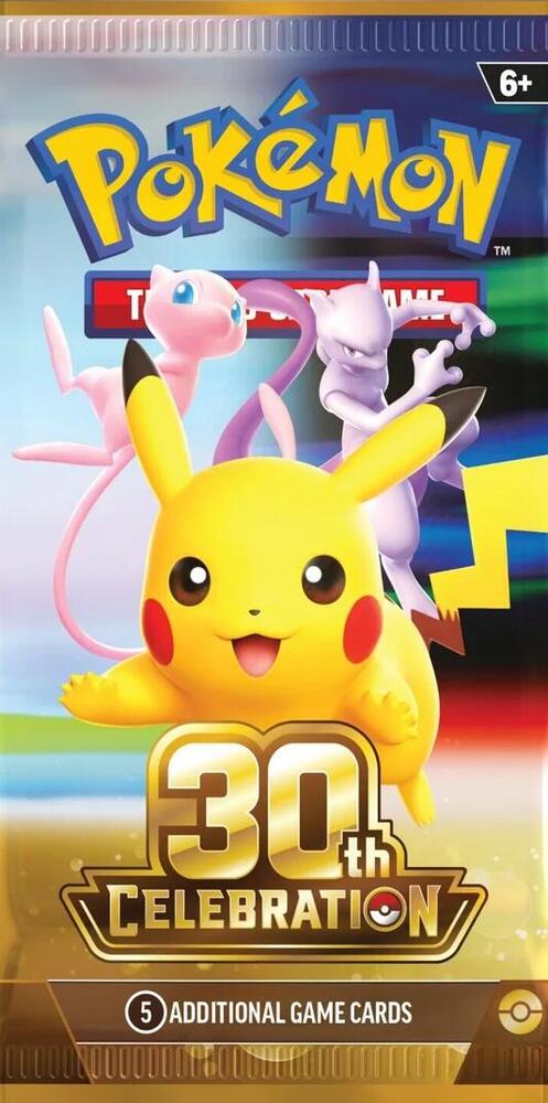 Pokémon 30th Celebration Booster Packs for trading card game, featuring colorful packaging and various collectible cards inside.