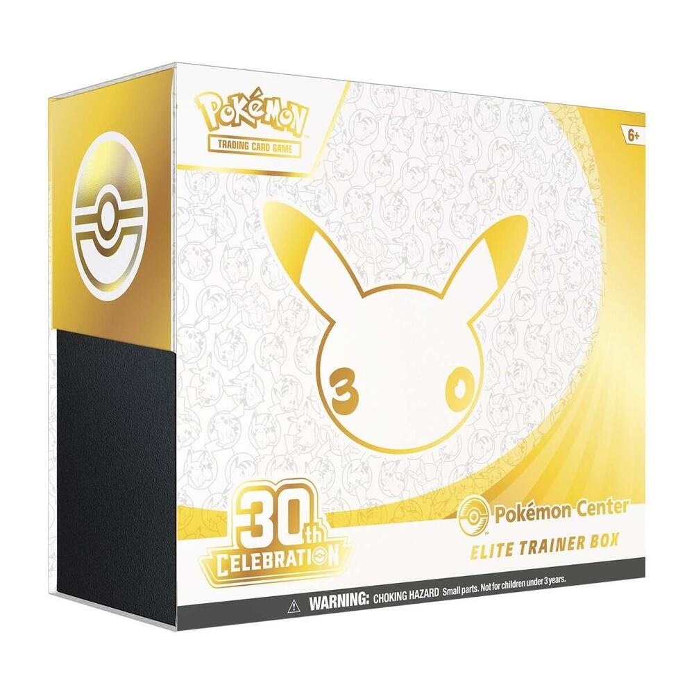 Pokémon Center exclusive 30th Celebration Elite Trainer Box for Trading Card Games, featuring colorful Pokémon artwork and accessories.