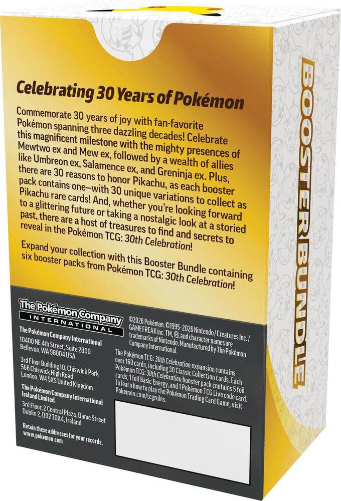 Pokémon 30th Celebration Booster Bundle trading cards, featuring colorful booster packs and special 30th anniversary artwork.