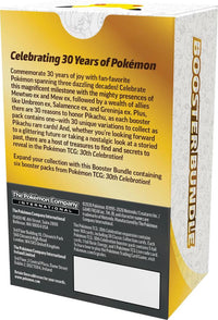 Pokémon 30th Celebration Booster Bundle trading cards, featuring colorful booster packs and special 30th anniversary artwork.