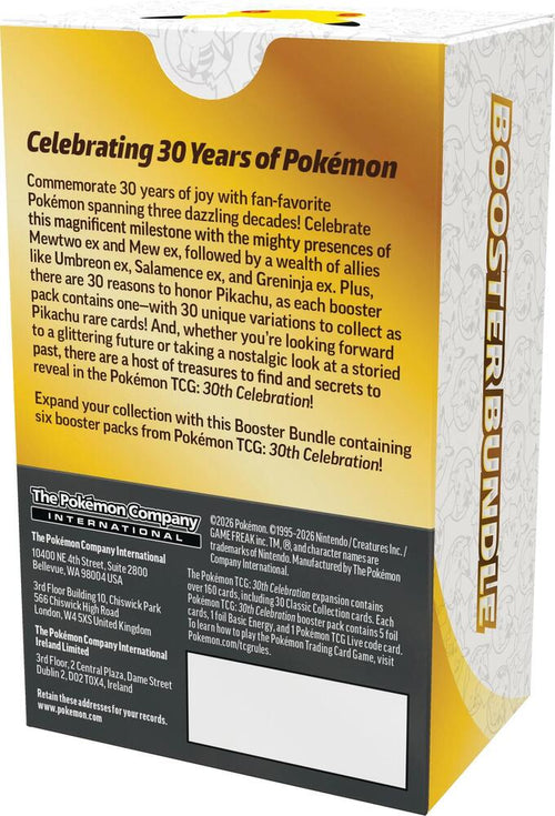 Pokémon 30th Celebration Booster Bundle trading cards, featuring colorful booster packs and special 30th anniversary artwork.
