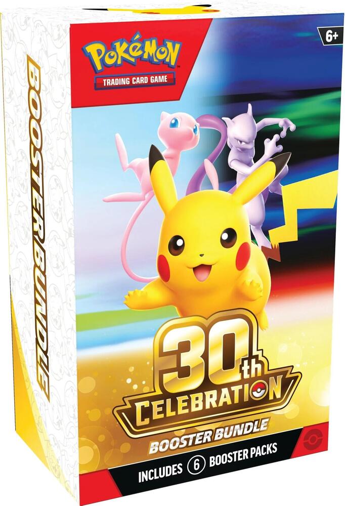 Pokémon 30th Celebration Booster Bundle trading card game set with colorful booster packs and promotional cards.