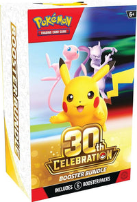 Pokémon 30th Celebration Booster Bundle trading card game set with colorful booster packs and promotional cards.