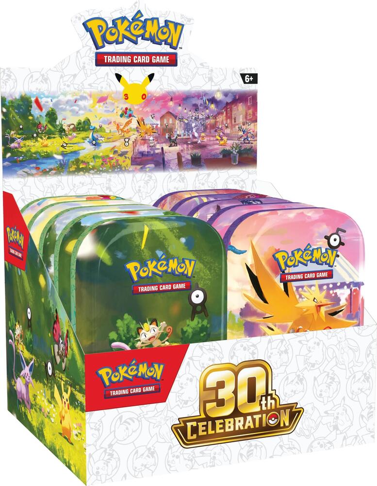 Pokémon 30th Celebration Mini Tin Display featuring collectible trading cards for Pokémon fans and collectors.