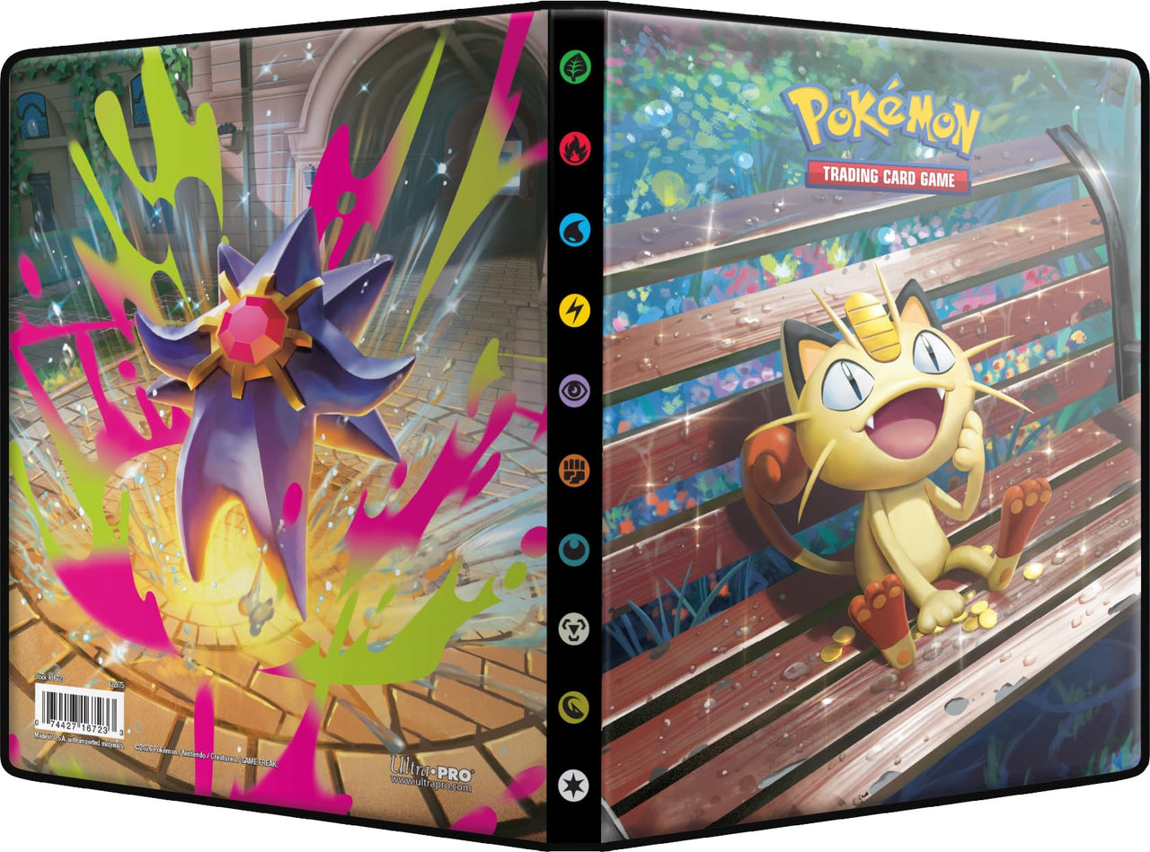 Ultra PRO Pokemon Meowth and Starmie 4-pocket portfolio holding oversized and regular trading cards for collectible card storage.