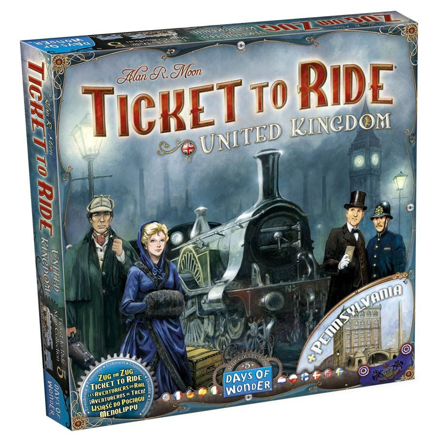 Ticket to Ride United Kingdom board game by Days of Wonder, featuring the map collection 5 with colorful game components.