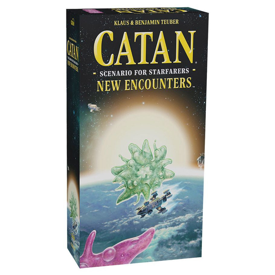 Catan Starfarers: New Encounters game box featuring colorful artwork and space-themed illustrations by Catan Studio.
