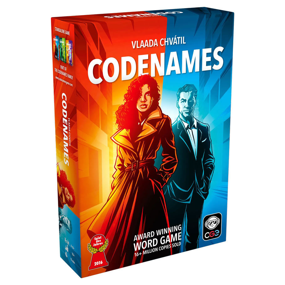 Codenames game by Czech Games Edition, Inc., featuring a colorful card and game components on a table.