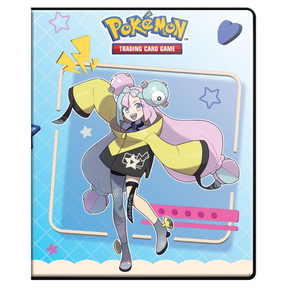 Pokémon Iono and Bellibolt 9-pocket portfolio binder with trading card sleeves by UltraPro, featuring colorful Pokémon characters.