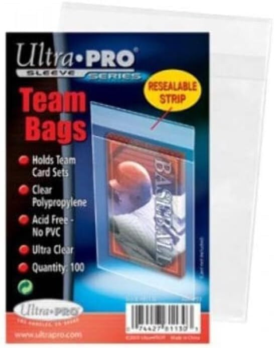 Ultra PRO Team Bags resealable sleeves for gaming, sports, and collectible cards, shown with cards inside and resealable edge.