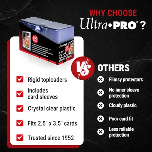 Ultra Pro 3x4 inch trading card toploaders and clear sleeves for collectible cards, includes 100 toploaders and 100 sleeves.