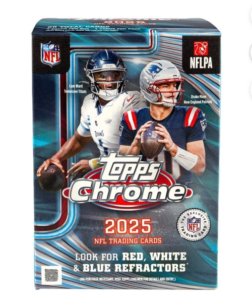 Sealed 2025 Topps Chrome Football Value Box featuring unopened packs with vibrant football trading cards and foil accents.