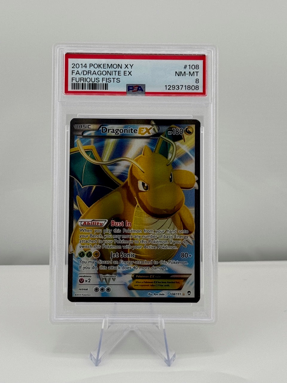 2014 Pokemon XY Furious Fists Dragonite EX 108/111 Full Art PSA 8 Near Mint-Mint Graded Slab