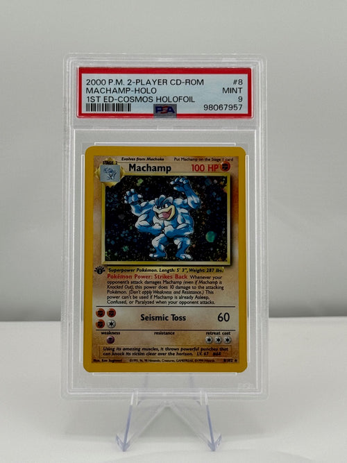 2000 Pokemon Base Set Machamp 8/102 1st Edition Cosmos Holofoil PSA 9 Mint Graded Slab