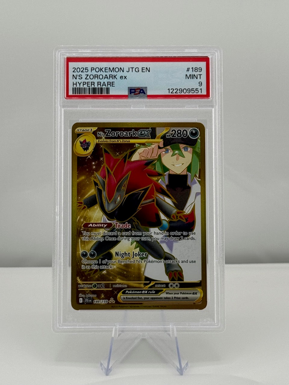 2025 Pokemon Journey Together Ns Zoroark ex 189/159 Hyper Rare Gold PSA 9 Mint Graded Slab