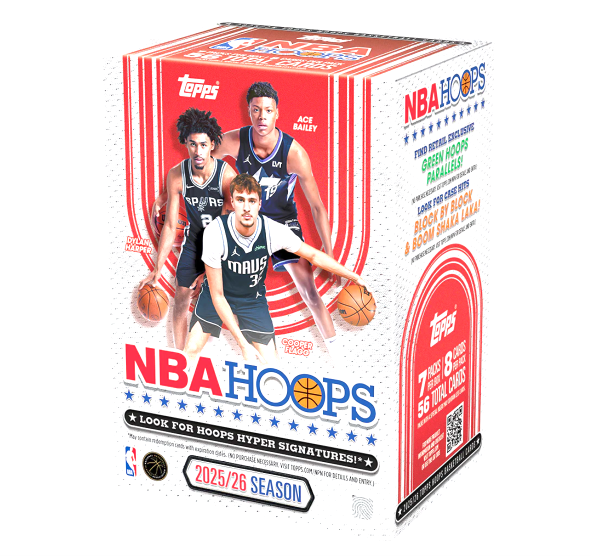 Topps 2025-26 Hoops basketball sports cards value box, featuring collectible basketball cards in a colorful box.