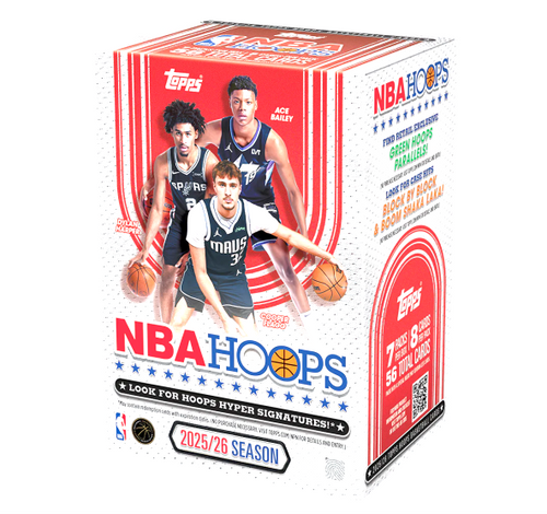 Topps 2025-26 Hoops basketball sports cards value box, featuring collectible basketball cards in a colorful box.