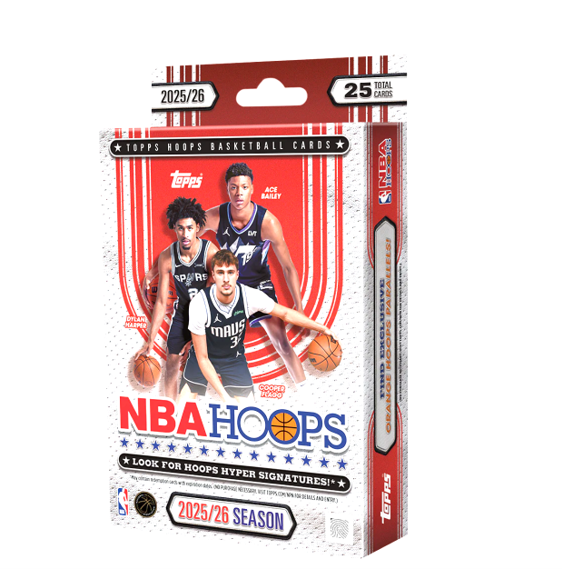 Topps 2025-26 Hoops Basketball sports cards hanger box with collectible basketball card images and vibrant packaging.