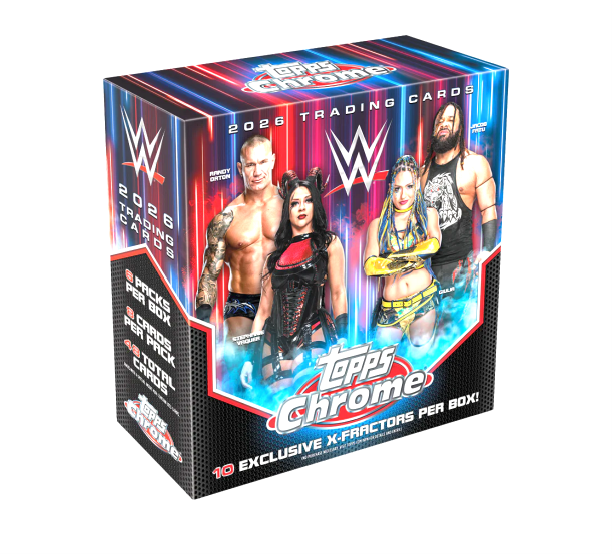 Factory sealed 2026 Topps Chrome WWE Wrestling trading card mega box with colorful packaging and WWE branding.