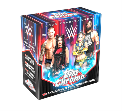 Factory sealed 2026 Topps Chrome WWE Wrestling trading card mega box with colorful packaging and WWE branding.