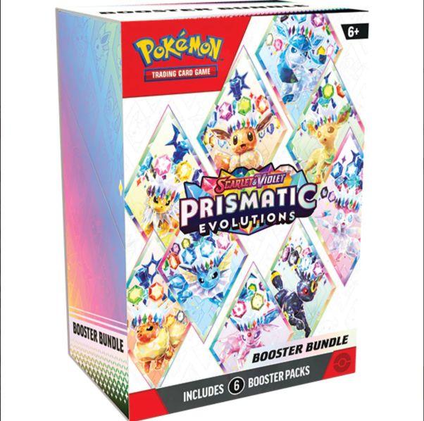 Factory sealed Pokémon TCG Scarlet & Violet Prismatic Evolutions booster bundle with colorful booster packs and trading cards.