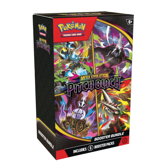 Pokémon TCG Mega Evolution Pitch Black Booster Bundle pre-order, featuring trading cards from the Pokémon Trading Card Game set.