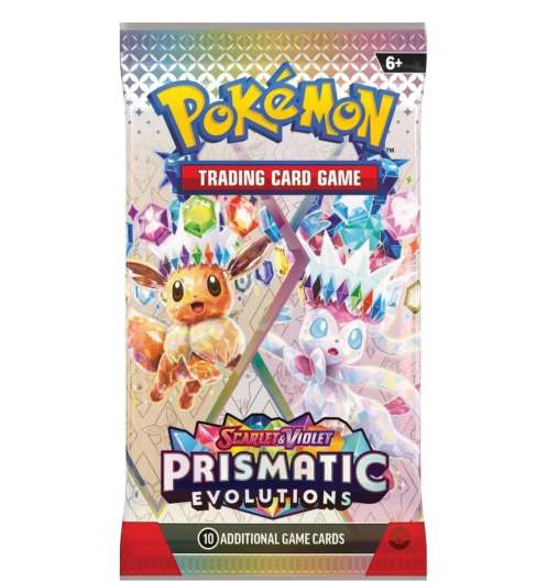 Pokémon TCG Prismatic Evolutions Booster Pack with colorful booster pack design and Pokémon artwork on the front.