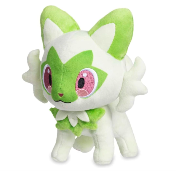 Pokémon Sprigatito plush toy, 7.75-inch soft stuffed animal from Pokémon featuring detailed green and purple plush design.