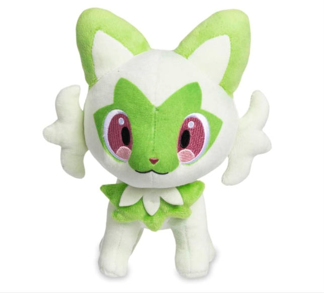 Pokémon Sprigatito 7.75-inch plush toy, soft and cuddly collectible stuffed animal from Pokémon featuring detailed plush design.