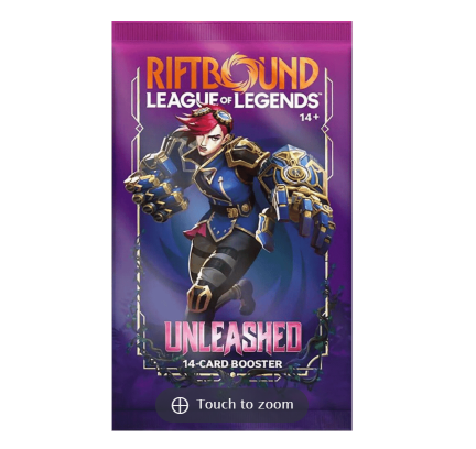Riftbound booster pack from UVS Games for trading card games, featuring colorful artwork and unopened cards inside.
