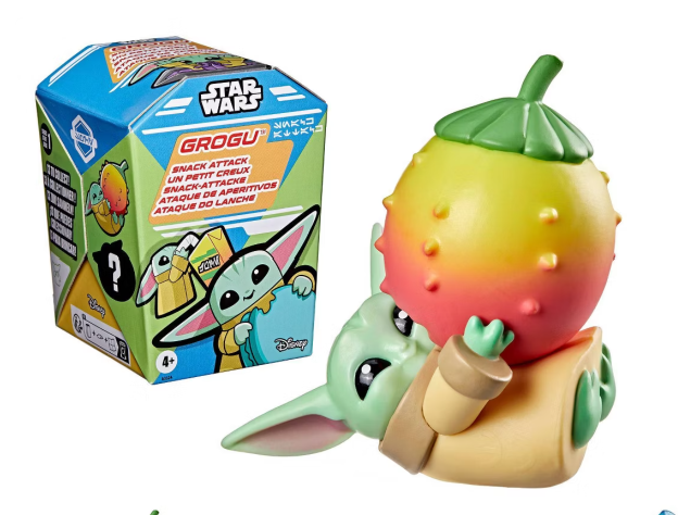 Hasbro Star Wars Grogu Snack Attack mystery toy pack with a random Baby Yoda figure, featuring colorful packaging and collectible design.