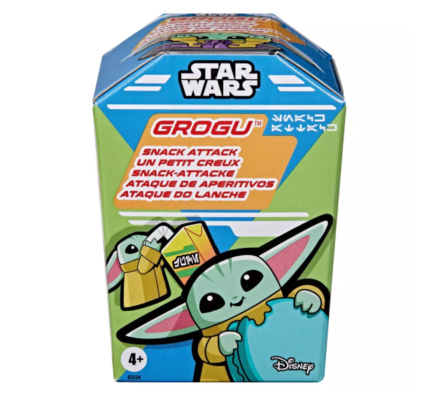Hasbro Star Wars Grogu Snack Attack mystery toy pack featuring a random Baby Yoda figure from the popular toy series.