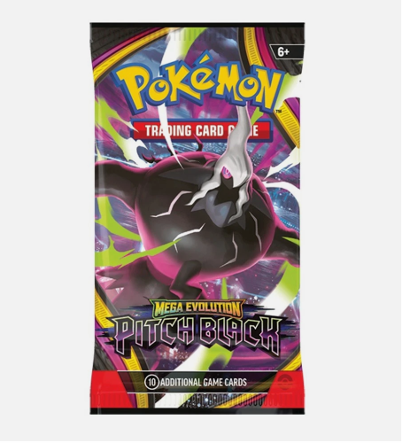 Pokémon TCG Pitch Black Booster Pack (ME05) trading card game accessory, featuring dark-themed booster pack art.
