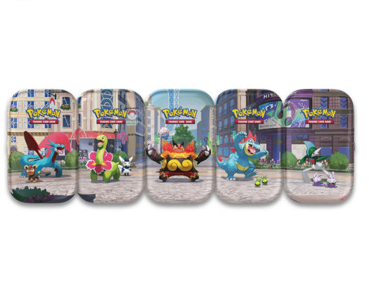Pokémon TCG Lumiose City Mini Tin containing random trading cards, featuring colorful Pokémon artwork and packaging.