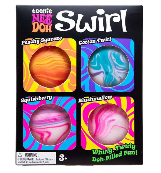 Set of four NeeDoh Teenie Swirl Stress Balls by Schylling Inc, colorful, squishy toys designed for stress relief and sensory play.